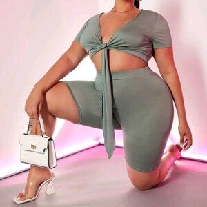SEXY Plus Tie Front Crop Top & Biker Short Set